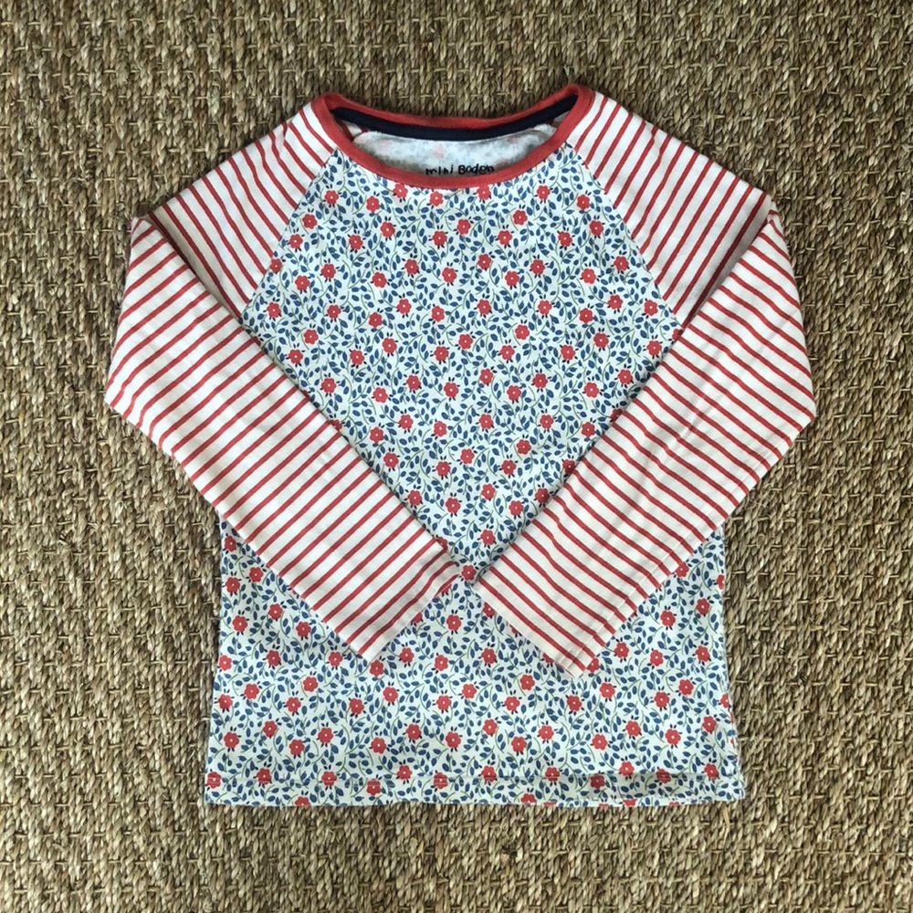 Mini Boden Flower Print/Striped Shirt, Size 6/7